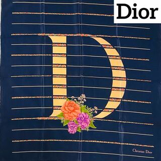 クリスチャンディオール(Christian Dior)の極美品 ★Dior★ スカーフ 花 ボーダー Dモチーフ ネイビー ピンク(バンダナ/スカーフ)