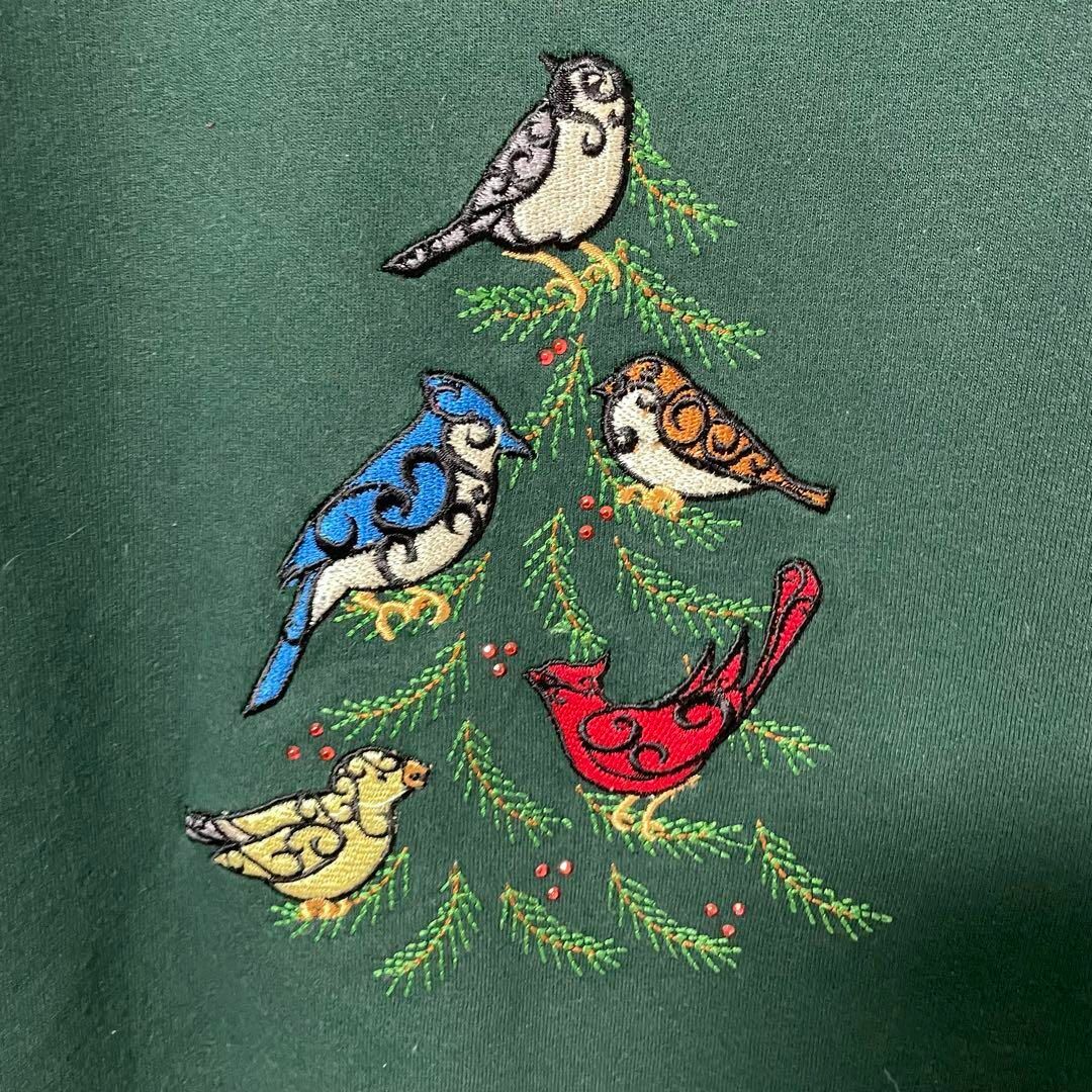 90's スウェット 緑 赤 バイカラー ツリー刺繍 小鳥 レトロ古着 メンズのトップス(スウェット)の商品写真