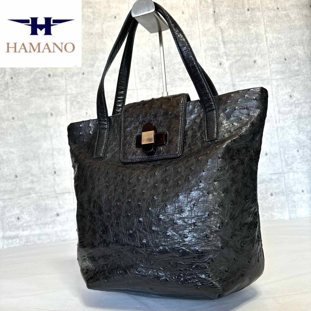 濱野皮革工藝/HAMANO(ハマノヒカクコウゲイ)の【良品】HAMANO 濱野 オーストリッチ ブラック レザー 肩掛けトートバッグ レディースのバッグ(ハンドバッグ)の商品写真