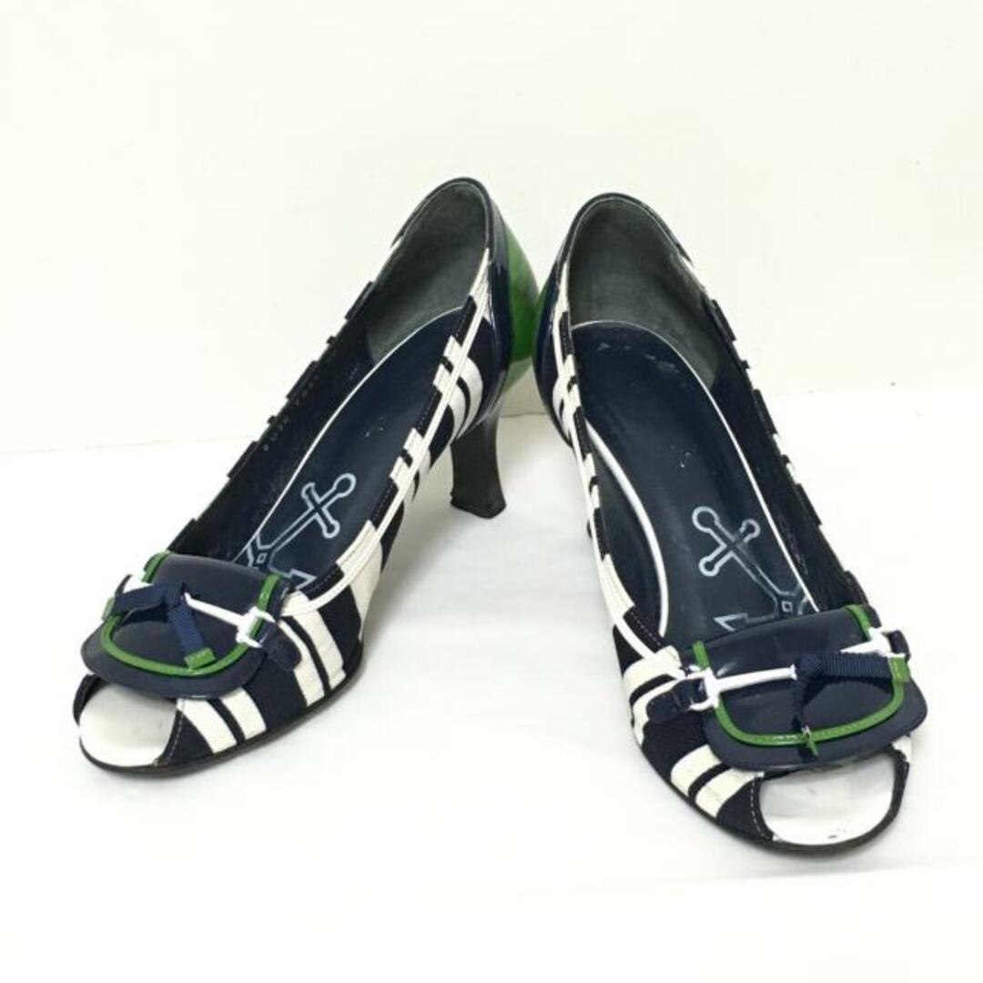 REGAL(リーガル)のREGAL(リーガル) パンプス 23 レディース - ダークネイビー×白×グリーン オープントゥ キャンバス×エナメル（レザー） レディースの靴/シューズ(ハイヒール/パンプス)の商品写真
