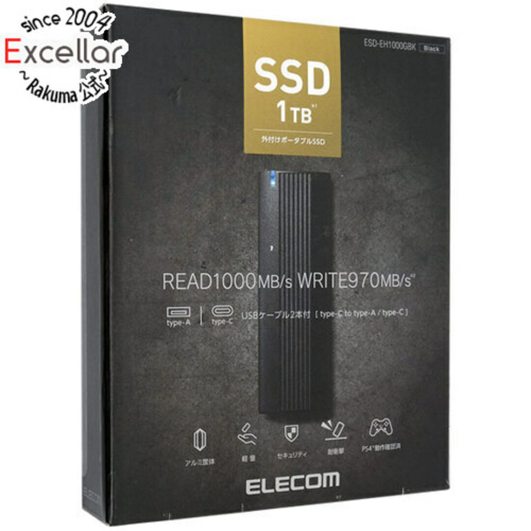 ELECOM(エレコム)のELECOM　外付けポータブルSSD　ESD-EH1000GBK　ブラック　1TB スマホ/家電/カメラのPC/タブレット(PC周辺機器)の商品写真