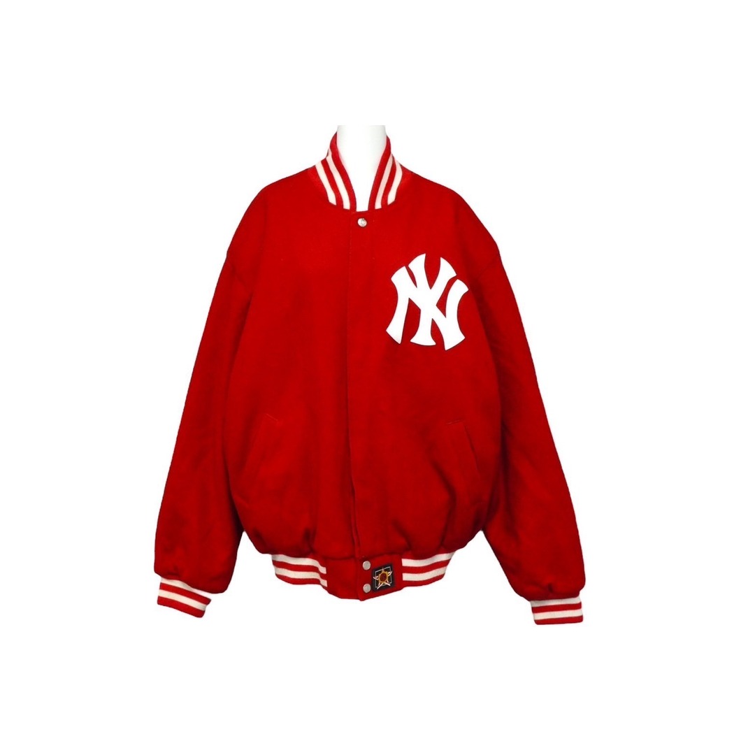 JH DESIGN ジェイエイチデザイン スタジャン ヤンキース New York Yankees ウール ナイロン レザー サイズL レッド 美品 中古 60799 レディースのジャケット/アウター(その他)の商品写真