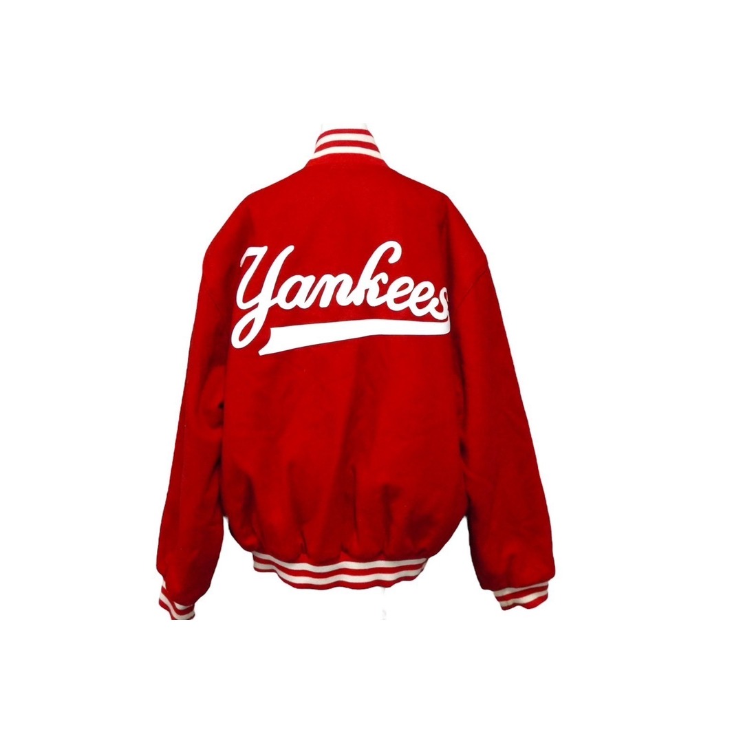 JH DESIGN ジェイエイチデザイン スタジャン ヤンキース New York Yankees ウール ナイロン レザー サイズL レッド 美品 中古 60799 レディースのジャケット/アウター(その他)の商品写真