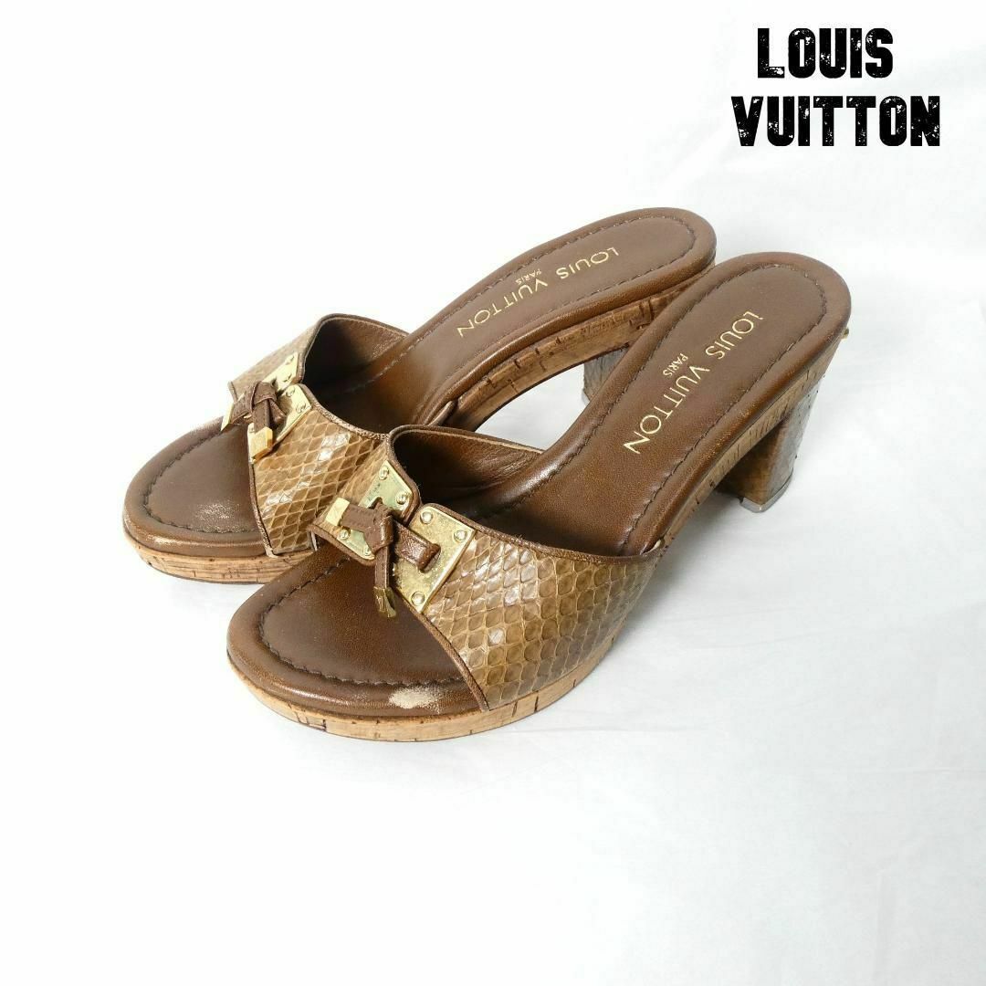 LOUIS VUITTON(ルイヴィトン)の良品 Louis Vuitton パイソン レザー チャンキーヒール サンダル レディースの靴/シューズ(ミュール)の商品写真