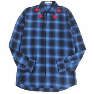 ジバンシィ(GIVENCHY)の美品□GIVENCHY/ジバンシィ 17F6010335 スターパッチ チェック柄 ロゴボタン フライフロント ロングスリーブ 長袖シャツ ブルー 41 正規品(シャツ)