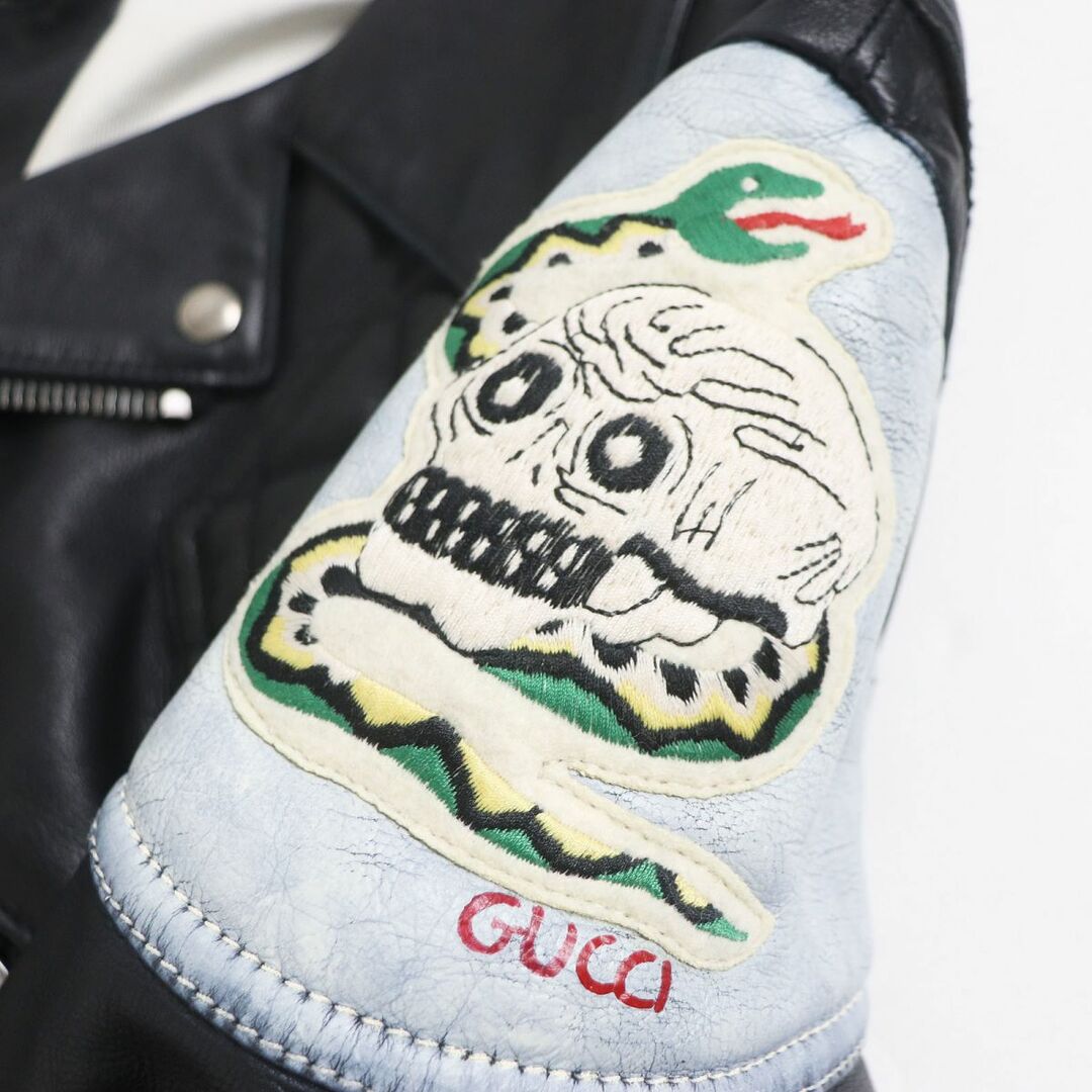 Gucci(グッチ)の極美品□19SS GUCCI/グッチ 563218 USED加工 スカルモチーフ刺繍 カウスキン ダブルライダース/レザージャケット ブラック 48 伊製 正規品 メンズのジャケット/アウター(ライダースジャケット)の商品写真