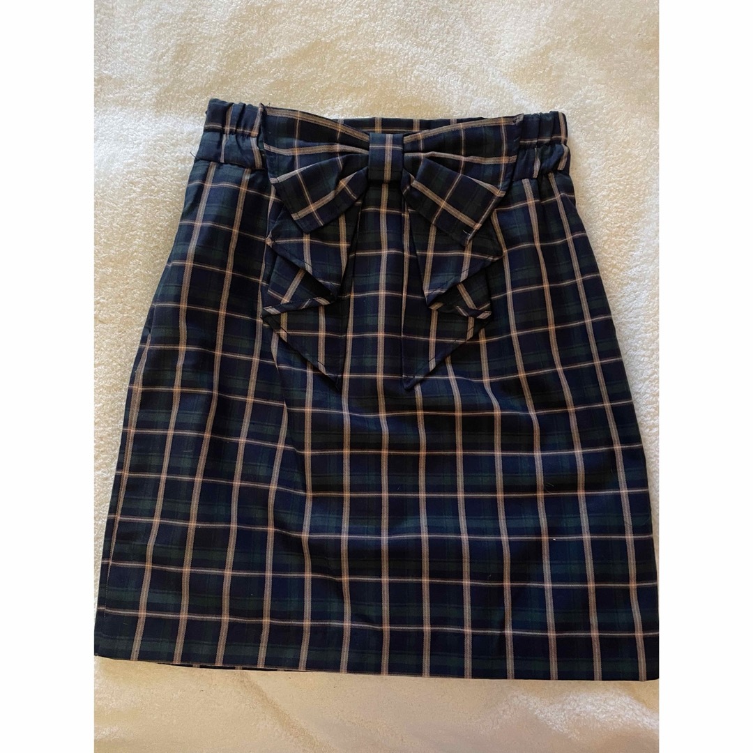 グリーン系チェックスカート　バックリボン レディースのスカート(ミニスカート)の商品写真