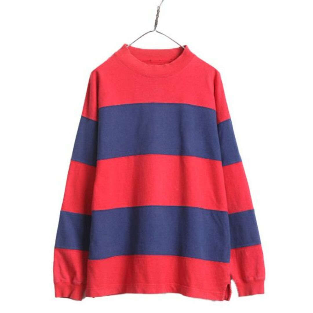 90s OLD GAP モックネック ボーダー 長袖 Tシャツ メンズ XL 程/ 90年代 オールド ギャップ ロンT ハイネック 大きいサイズ 2トーン 赤 紺 メンズのトップス(Tシャツ/カットソー(七分/長袖))の商品写真