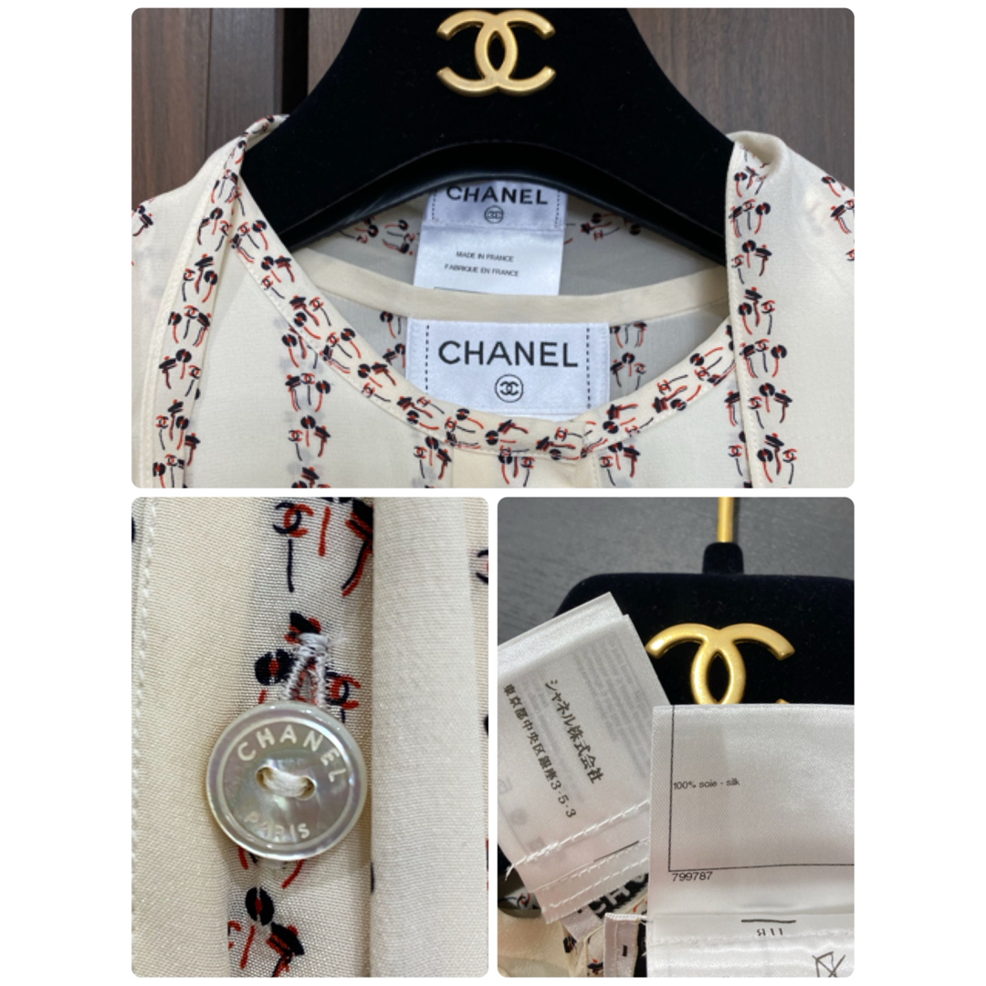 CHANEL(シャネル)の1回定価90万　シャネル　シルクリボン　ブラウス ロゴシェルボタン 国内購入品 レディースのトップス(シャツ/ブラウス(長袖/七分))の商品写真