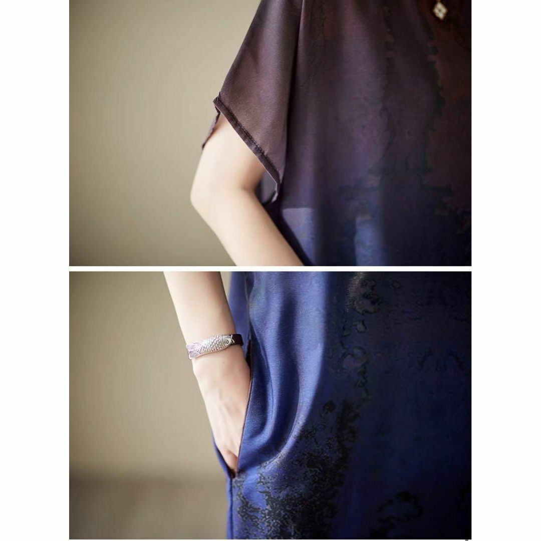 【N20】 冷感感触 ロングワンピース 和柄 半袖 紫 レディースのワンピース(ロングワンピース/マキシワンピース)の商品写真