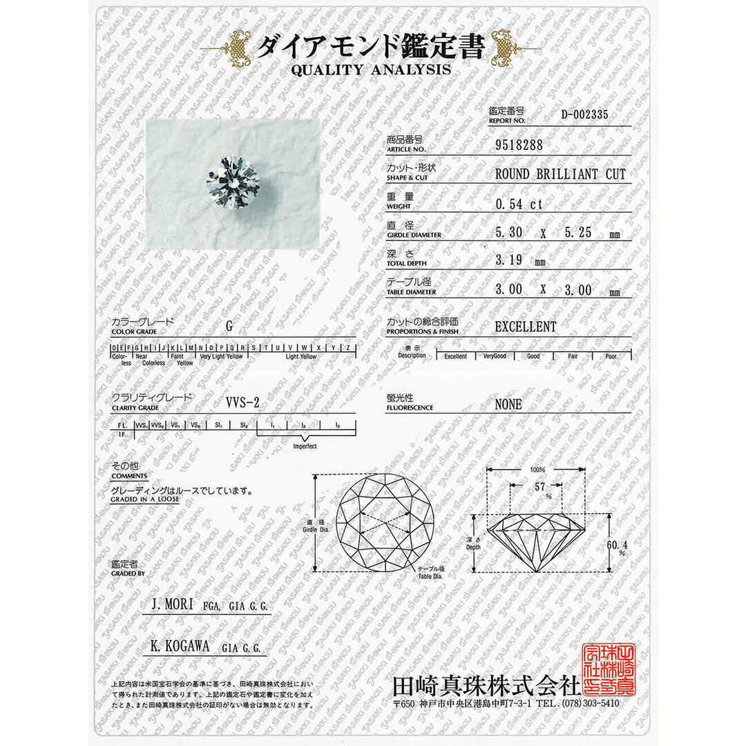 TASAKI(タサキ)のタサキ TASAKI リング 指輪  ダイヤモンド 0.54ct 約11号 Pt900  G/VVS2/EX レディース【中古】 レディースのアクセサリー(リング(指輪))の商品写真
