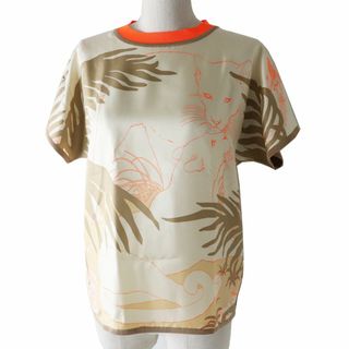 エルメス(Hermes)の未使用品◎伊製 エルメス 22AW シルク100％ Jungle Love Fluo ジャングルラブフルオ 半袖トップス 34 ベージュ×ネオンオレンジ 箱・タグ付(カットソー(半袖/袖なし))