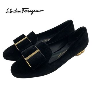 フェラガモ(Ferragamo)の未使用 フェラガモ FERRAGAMO フラットシューズ 靴 シューズ リボン ベロア ブラック 黒(バレエシューズ)