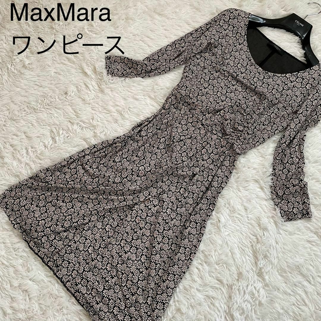 Max Mara(マックスマーラ)のMaxMara ワンピース　Aライン　モノトーン　花柄　Mサイズ　ストレッチ性 レディースのワンピース(ロングワンピース/マキシワンピース)の商品写真