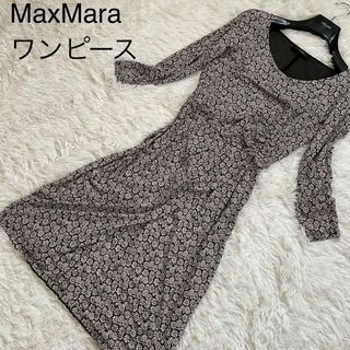 マックスマーラ(Max Mara)のMaxMara ワンピース　Aライン　モノトーン　花柄　Mサイズ　ストレッチ性(ロングワンピース/マキシワンピース)