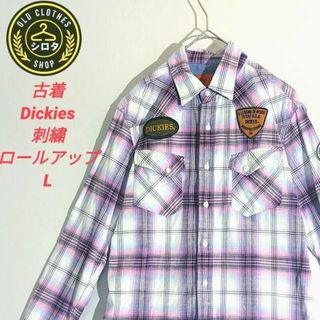 ディッキーズ(Dickies)の古着 ディッキーズ 長袖 シャツ チェック 刺繍 アップリケ ロールアップ(シャツ)