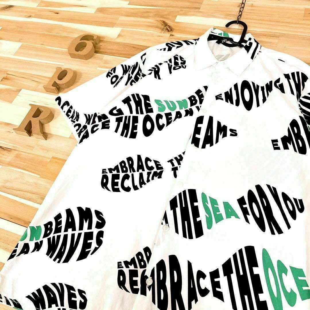 ZARA(ザラ)のオシャレ【ザラ】ZARA 英字 テキスト ロゴ 半袖シャツ 海 太陽 M 白×黒 メンズのトップス(シャツ)の商品写真