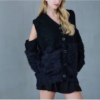 Riu Fur switching knit cardigan ブラック(ニット/セーター)