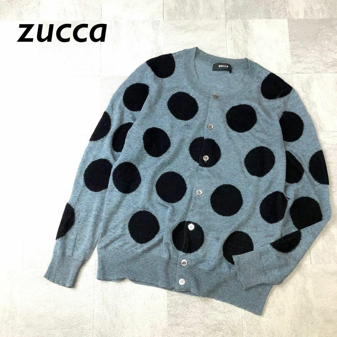 ZUCCa(ズッカ)のzucca ビッグ ドット柄 ニット カーディガン ブルーグリーン ブラック レディースのトップス(カーディガン)の商品写真