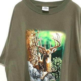 デルタ アニマルTシャツ 鹿のプリント カーキグリーン緑 L 古着