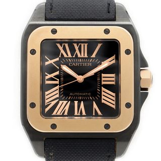 カルティエ(Cartier)のCartier カルティエ サントス100 LM W2020009 100m防水 黒 ブラック K18PG ピンクゴールド SS ステンレス コンビ 純正ベルト 純正尾錠 メンズ 自動巻き【6ヶ月保証】【腕時計】【中古】(腕時計(アナログ))