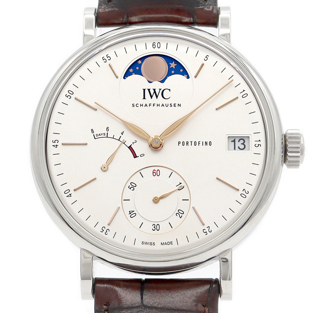 IWC(インターナショナルウォッチカンパニー)のIWC インターナショナルウォッチカンパニー ポートフィノ ハンドワインド ムーンフェイズ IW516401 デイト 30m防水 パワーリザーブ スモールセコンド シルバー SS ステンレス 純正ベルト 純正尾錠 メンズ 手巻き【6ヶ月保証】【腕時計】【中古】 メンズの時計(腕時計(アナログ))の商品写真