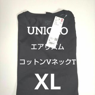 ユニクロ(UNIQLO)のUNlQLOエアリズム コットンVネックT半袖　Black  XL(Tシャツ/カットソー(半袖/袖なし))