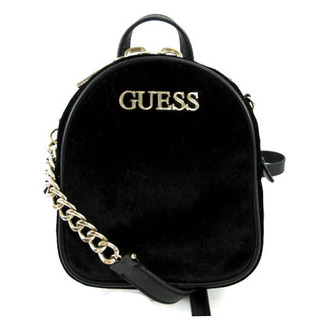 ゲス(GUESS)のGUESS ショルダーバッグ ポシェット ロゴプレート ベロア チェーン 黒(ショルダーバッグ)