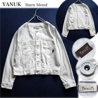 ヤヌーク(YANUK)のYANUK ノーカラー デニムジャケット リネン混 羽織り 白 Mサイズ(Gジャン/デニムジャケット)