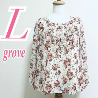 グローブ(grove)のGROVE　グローブ　クリーム ピンク レッド グリーン　ブラウス フリル 花柄(シャツ/ブラウス(長袖/七分))