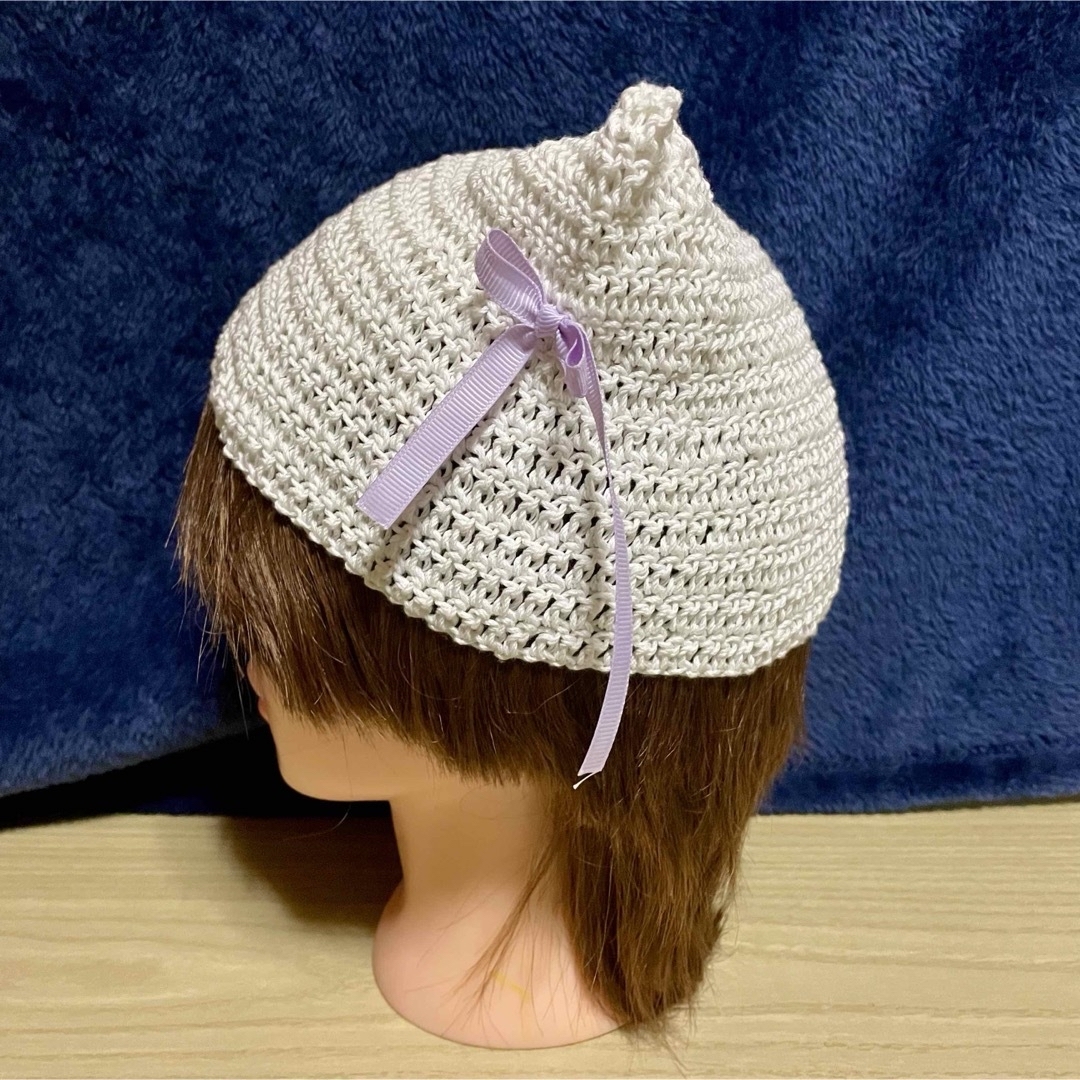 猫耳ニット帽 ラメホワイト レディース57サイズ ハンドメイドのファッション小物(帽子)の商品写真