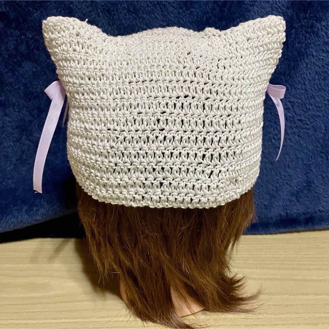猫耳ニット帽 ラメホワイト レディース57サイズ ハンドメイドのファッション小物(帽子)の商品写真