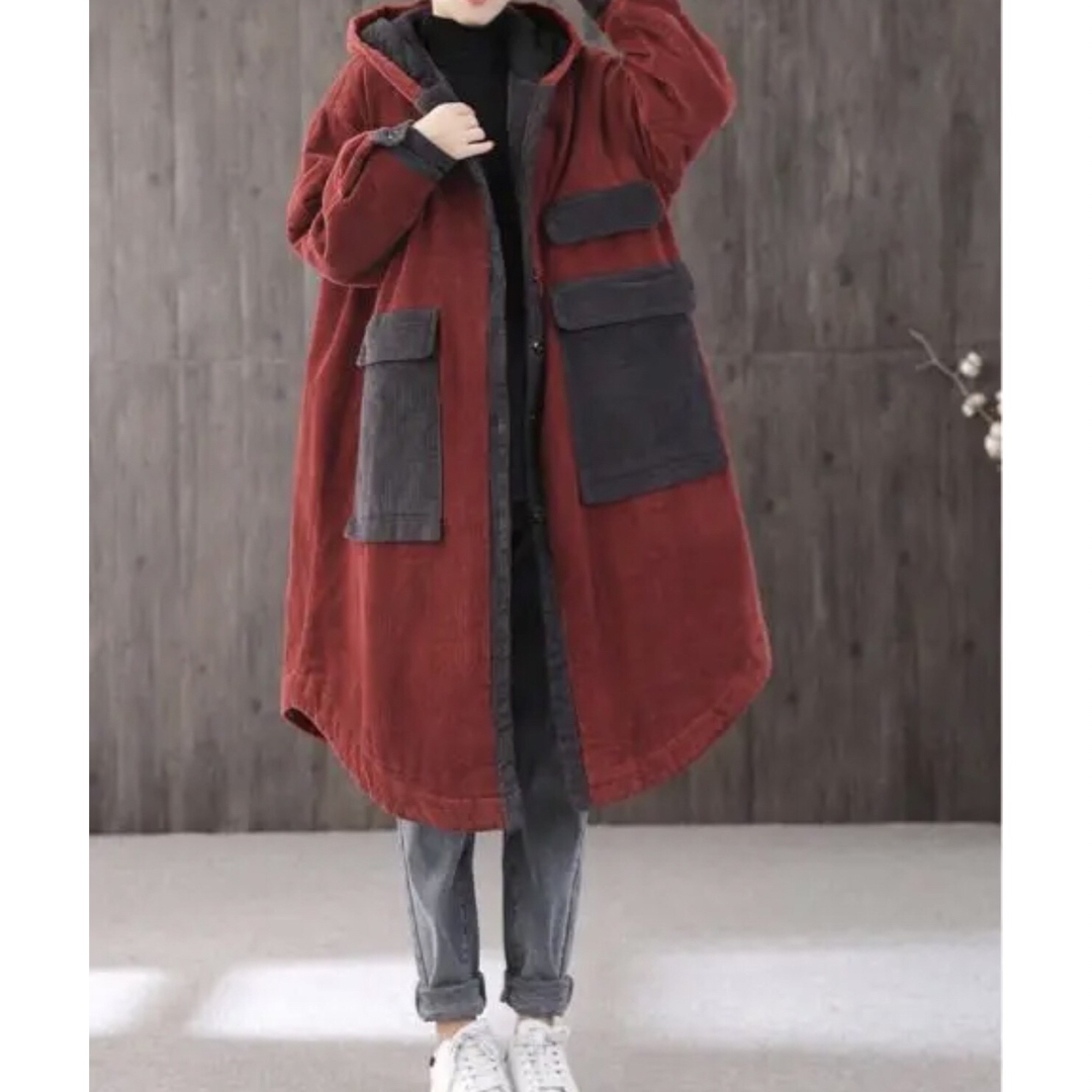 LCDA049 中綿コート ロング 厚手 秋冬 コーデュロィ  大きいポケット レディースのジャケット/アウター(ロングコート)の商品写真