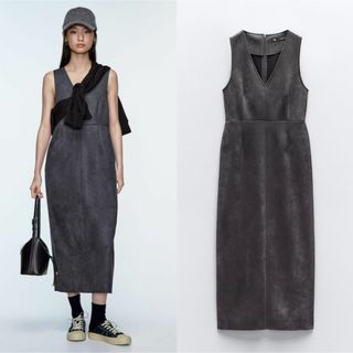 ザラ(ZARA)のZARA ザラ フェイクスエードライクワンピース XS ブルーグレー サロペット(ロングワンピース/マキシワンピース)