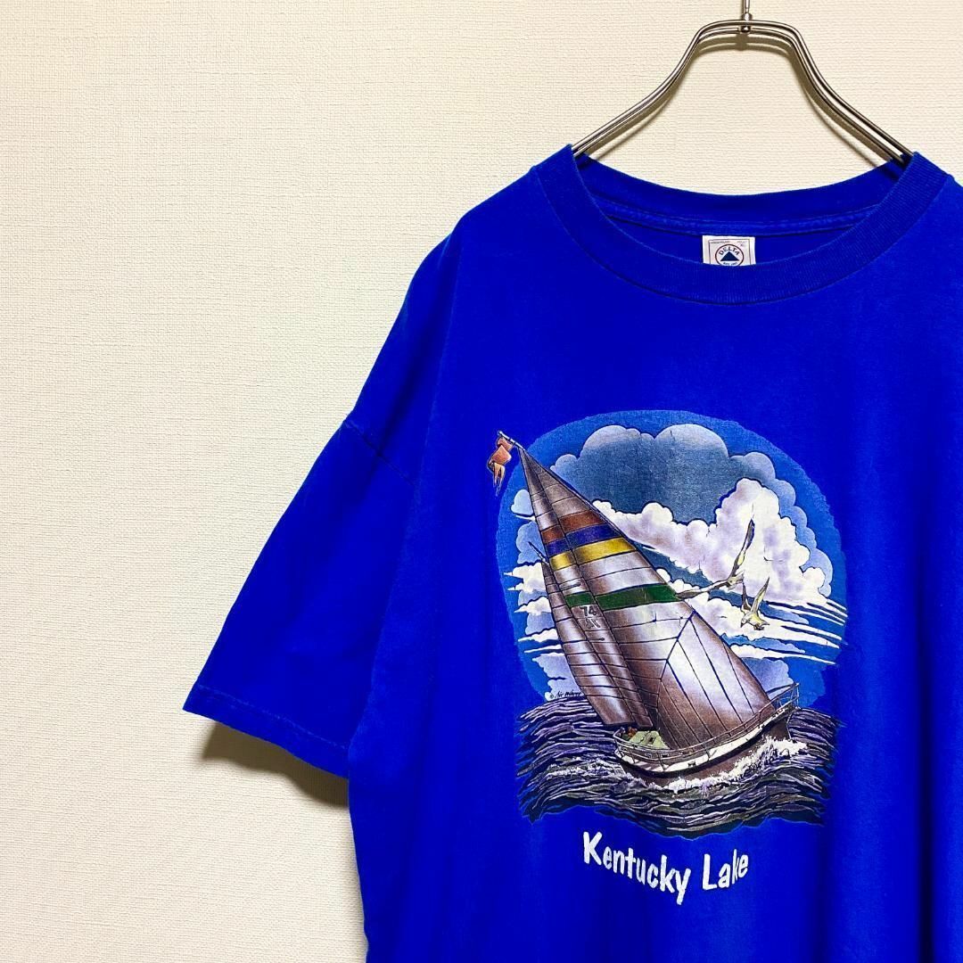 VINTAGE(ヴィンテージ)のアメリカ古着　半袖Tシャツ　プリント　ヨット　ブルー　ゆるだぼ E9 メンズのトップス(Tシャツ/カットソー(半袖/袖なし))の商品写真