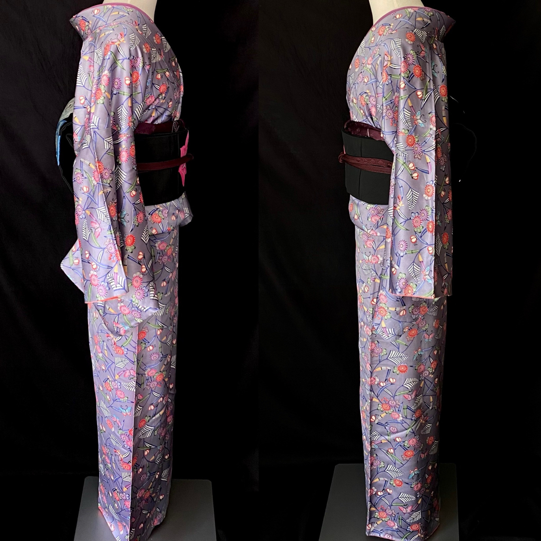 花に蝶🦋の小紋〉SALE L 紫味のグレー 洋服感覚の着物 普段着 花に蝶🦋の小紋〉SALE L 紫味のグレー 洋服感覚の着物 普段着