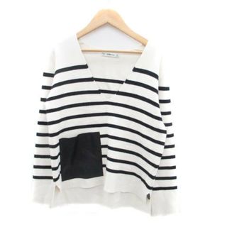 ザラ(ZARA)のザラ KNIT ニット カットソー Vネック ボーダー柄 M オフホワイト 黒(ニット/セーター)