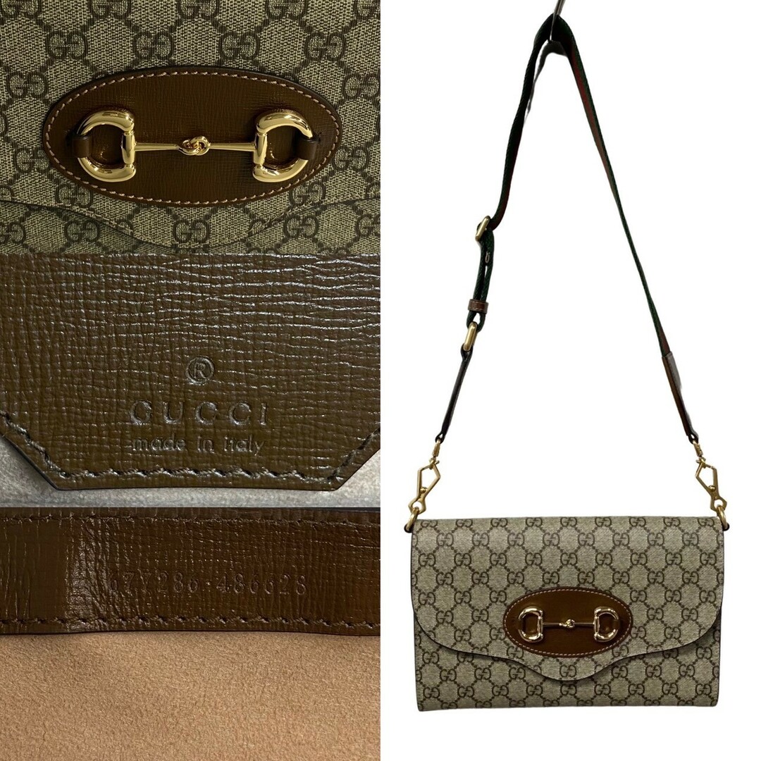 Gucci(グッチ)の未使用保管品 GUCCI グッチ 1955 ホースビット GGスプリーム シェリーライン レザー チェーン ショルダーバッグ サコッシュ ブラウン 41835 レディースのバッグ(ショルダーバッグ)の商品写真