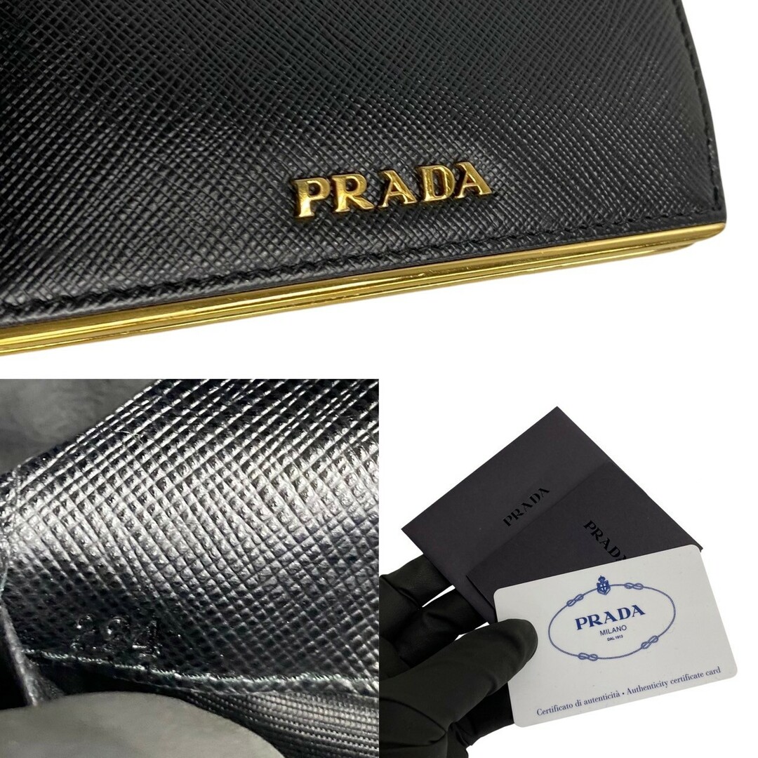 未使用保管品 希少品 PRADA プラダ ロゴ 金具 サフィアーノレザー 本革 二つ折り 財布 ミニ ウォレット カードケース ブラック 黒 26535