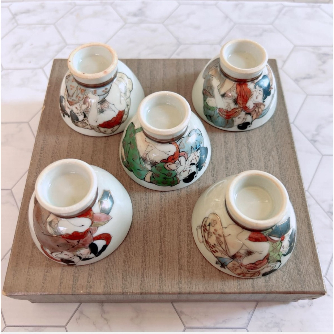 時代 枕絵 浮世絵 艶絵 春画 お猪口 5客セット盃 骨董 古美術 時代 枕絵 浮世絵 艶絵 春画 お猪口 5客セット盃 骨董 古美術