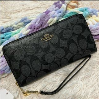 コーチ(COACH)の新品　COACH　長財布　ラウンドファスナー　ブラック　シグネチャー　小銭入れ有(財布)