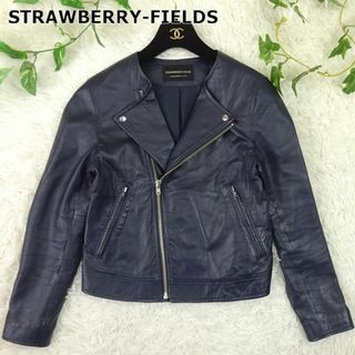 ストロベリーフィールズ(STRAWBERRY-FIELDS)のストロベリーフィールズ　ラムレザー　ノーカラーダブルライダース　M相当　ネイビー(ライダースジャケット)