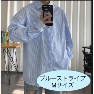メンズ　シャツ　長袖　ストライプシャツ　Mサイズ　ブルー(シャツ)