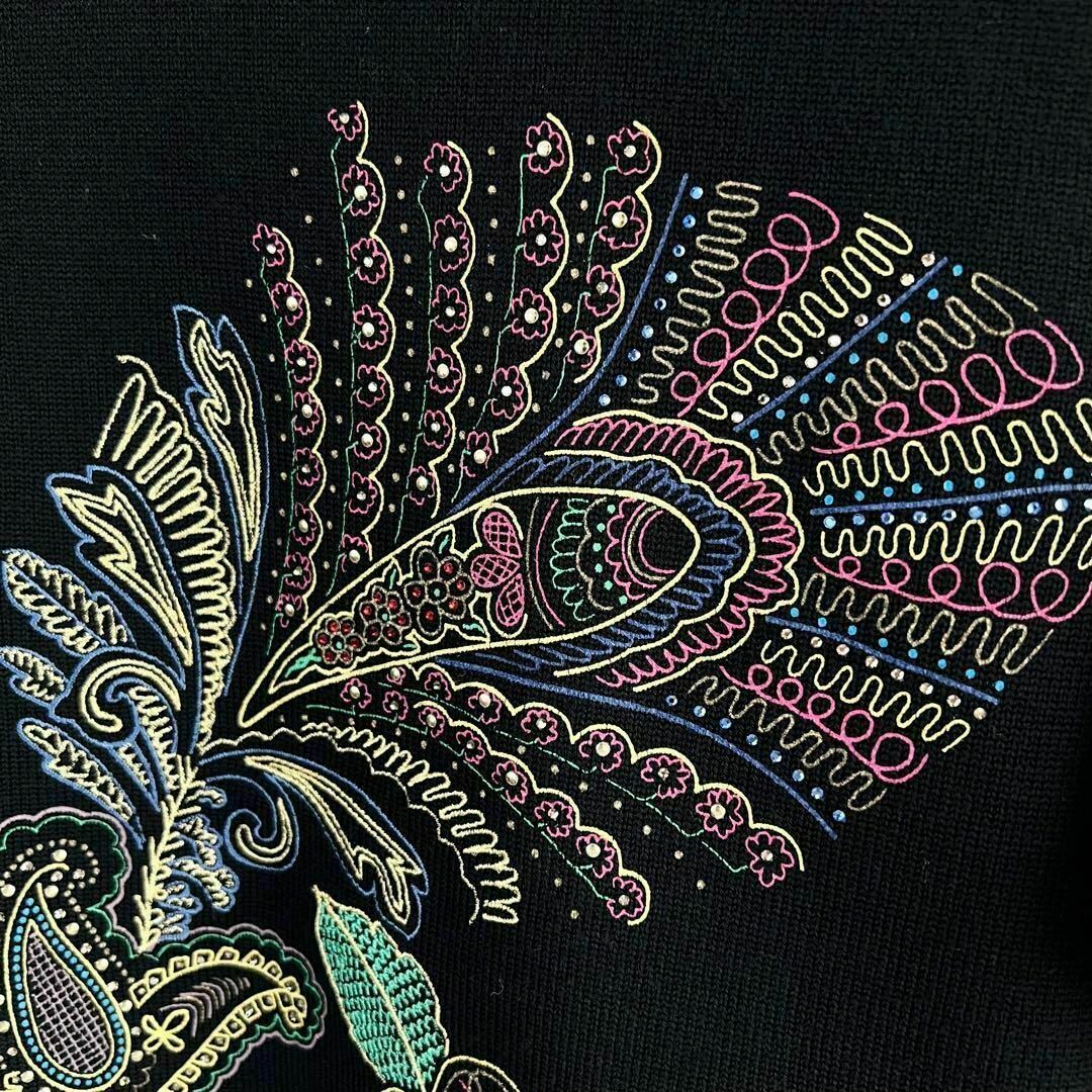M レオナール 半袖 ウールニット ラインストーン 刺繍 花柄 ブラック