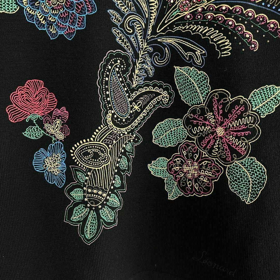 M レオナール 半袖 ウールニット ラインストーン 刺繍 花柄 ブラック