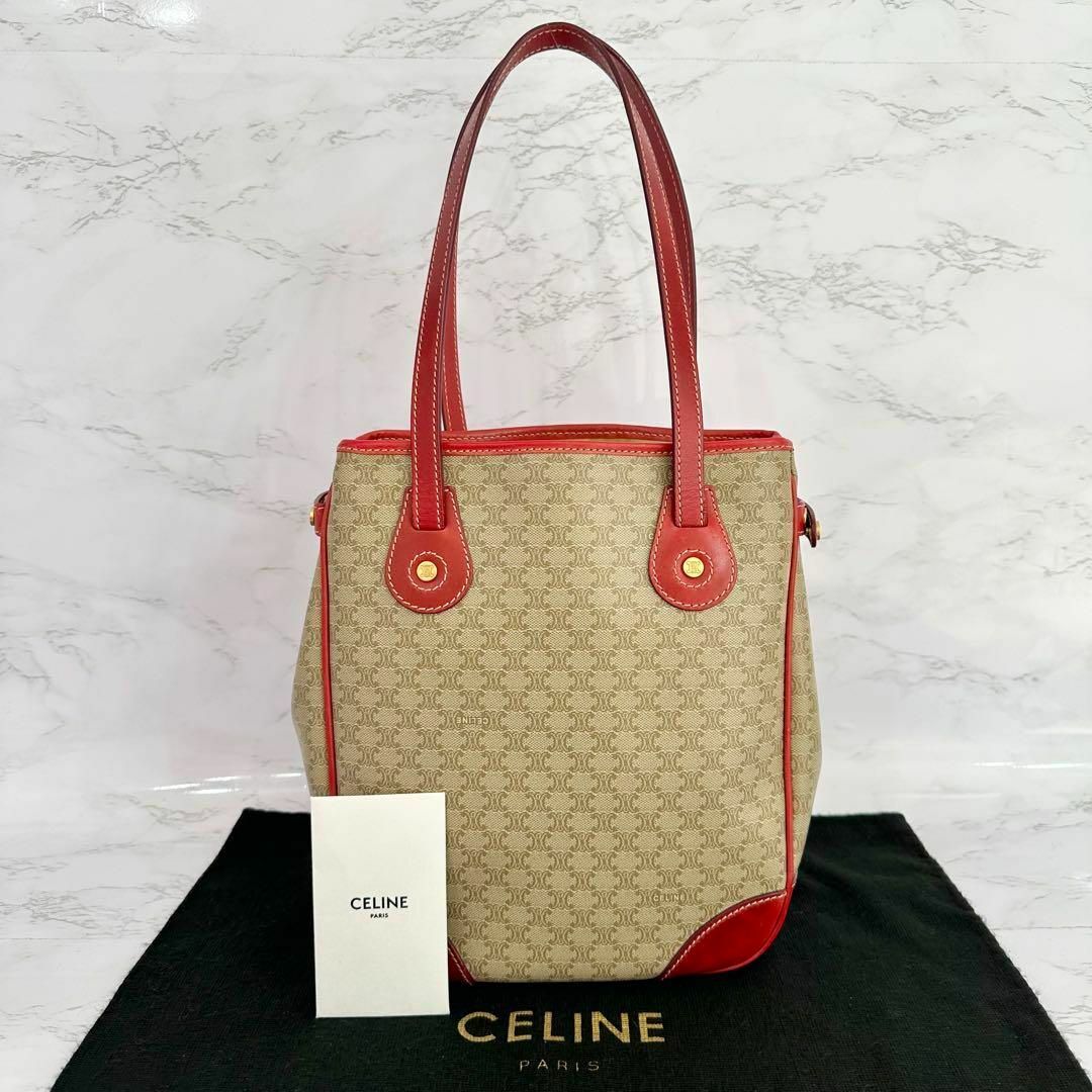 celine(セリーヌ)のセリーヌ CELINE マカダム トリオンフ トートバッグ ベージュ レッド レディースのバッグ(トートバッグ)の商品写真