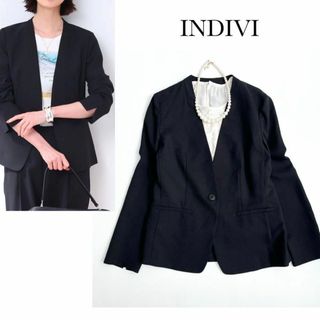 インディヴィ(INDIVI)の洗える♡インディヴィ＊リネン調ノーカラージャケット　黒　ブラック　05(ノーカラージャケット)