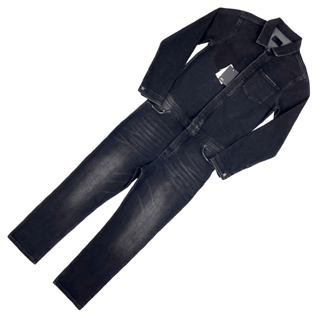 新品 asos ビンテージ加工 ブラック デニム ウエスト ドローコード ツナギ メンズのスーツ(その他)の商品写真