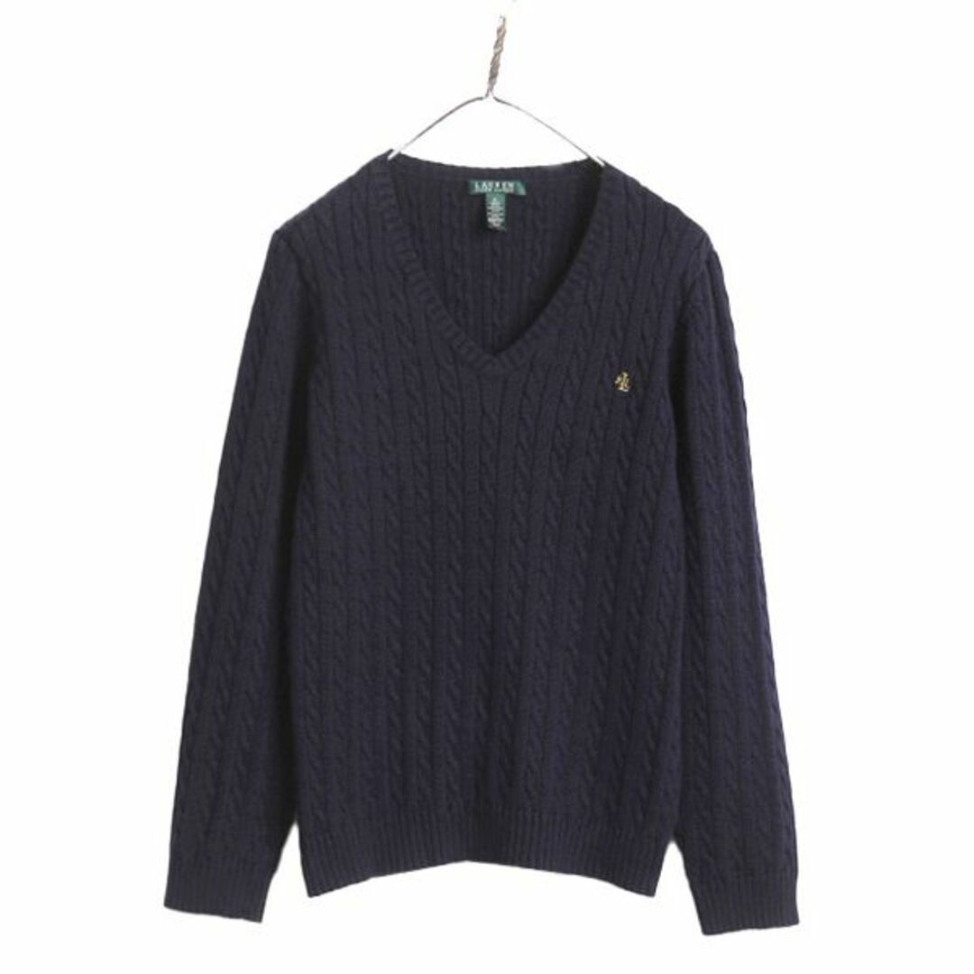 Ralph Lauren(ラルフローレン)の90s LAUREN ラルフローレン Ｖネック コットン ケーブル ニット セーター レディース XL 古着 90年代 オールド ポロ ワンポイント ネイビー レディースのトップス(ニット/セーター)の商品写真