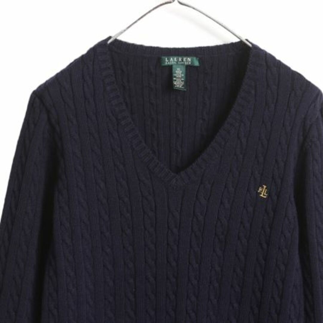 Ralph Lauren(ラルフローレン)の90s LAUREN ラルフローレン Ｖネック コットン ケーブル ニット セーター レディース XL 古着 90年代 オールド ポロ ワンポイント ネイビー レディースのトップス(ニット/セーター)の商品写真